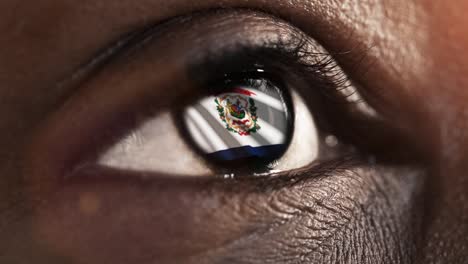 Woman-black-eye-in-close-up-with-the-flag-of-West-Virginia-state-in-iris,-united-states-of-america-with-wind-motion.-video-concept