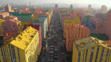 Residential-area-with-colorful-houses,-aerial-view