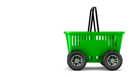 Green-empty-shopping-basket-with-wheels-on-white-background.-Isolated-3d-render