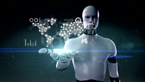 Robot,-cyborg-open-palm,-connected-world-people,-using-communication-technology.-4K-size-movie,-with-economic-diagram,chart.-social-media.