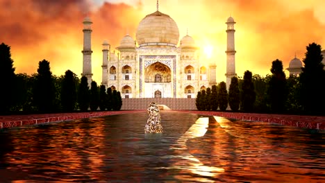 Alejar,-Taj-Mahal,-India,-hermosa-puesta-de-sol,-cielo-nublado