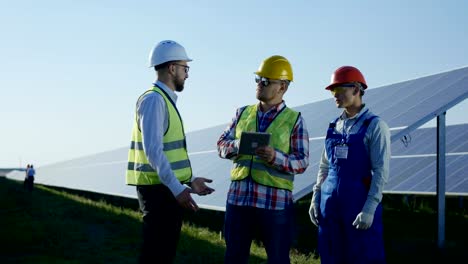 Workers-talking-inbetween-long-rows-of-solar-panels