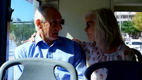 Senior-pareja-interactuando-con-los-demás-mientras-viaja-en-autobús-4k