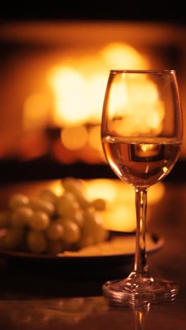 Vertical-video-of-one-white-wine-wineglasses-over-fireplace-background.