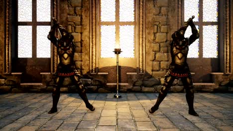 Zwei-Ritter-im-mittelalterlichen-Rüstungen-kämpfen-mit-magischen-Schwertern