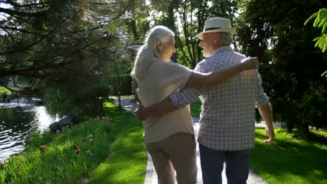 Älteres-Paar-beim-Spaziergang-im-Park-umarmt