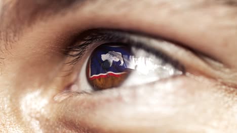 Man-with-brown-eye-in-close-up,-the-flag-of-Wyoming-state-in-iris,-united-states-of-america-with-wind-motion.-video-concept