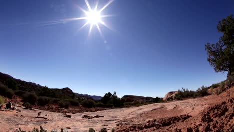 prallen-Sonne-auf-Wüstenlandschaft-fisheye