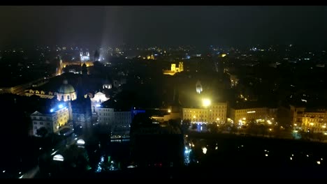 Night-panorama-of-Prague,-panoramic-view-from-the-air-to-the-old-town,-lights-of-the-night-city,-Prague