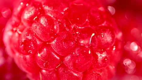 Macro-shot-stream-of-clear-pure-water-falling-on-beautiful-red-raspberry-reflecting-light