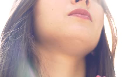 Low-angle-shot-woman-in-namaste,-praying-female-devoted-to-religion,-gratitude