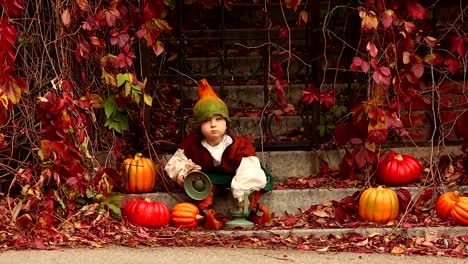 Cute-girl-in-a-gnome-costume-sitting-on-the-stairs-with-pumpkins-and-a-lantern