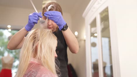 Eine-Seitenansicht-der-Blondine-sitzt-beim-Friseur.-Der-Friseur-steht-hinter,-nimmt-Stränge-und-Haarfärbemittel-gilt.