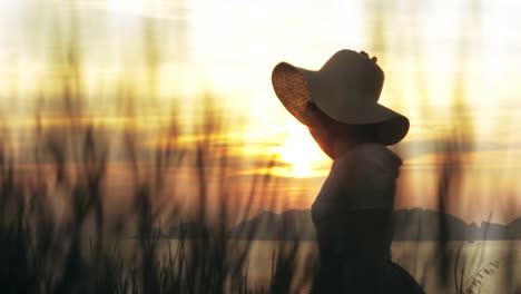 Hermosa-joven-vistiendo-moda-colorido-vestido-con-falda-y-sombrero-de-llevar-flores-en-canasta-al-atardecer-en-la-isla-de-Ponza-montaña-Italia.