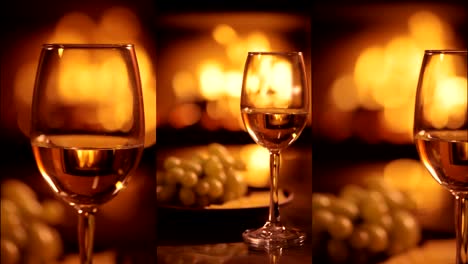 Vertical-videos-of-one-white-wine-wineglasses-over-fireplace-background.