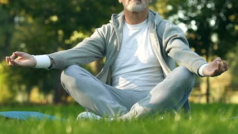 Hombre-deportista-maduro-sentado-en-posición-de-loto-en-el-parque,-recreación-y-meditación