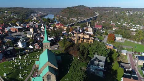 Morning-Exterior-Forward-Aerial-Establishing-Shot-of-Brownsville-Pennsylvania