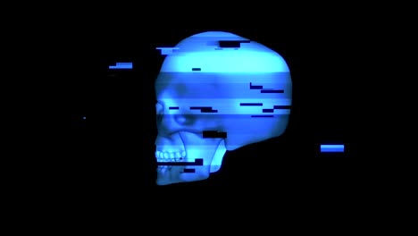Cráneo-humano-giratorio-estilo-glitch-distorsionada-sobre-fondo-negro.