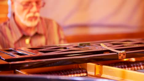 In-the-foreground-is-the-process-of-working-the-piano-keys-at-the-time-of-playing-the-musician.-In-the-background,-a-gray-haired-man-plays-the-piano