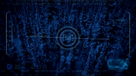 Drone-HUD-POV-Flying-Over-Snowy-Forest-At-Night