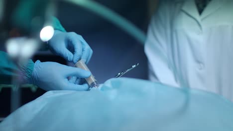Cirujano-de-las-manos-vertiendo-sangre-en-la-jeringa-en-el-procedimiento-quirúrgico.-Operación-médica