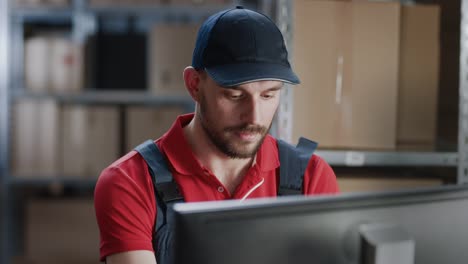 Portrait-of-Uniformed-Worker-Using-Personal-Computer-while-Sitting-at-His-Desk-in-the-Warehouse.-In-the-Background,-Room-with-Shelves-Full-of-Cardboard-Box-Packages-Ready-For-Shipping.