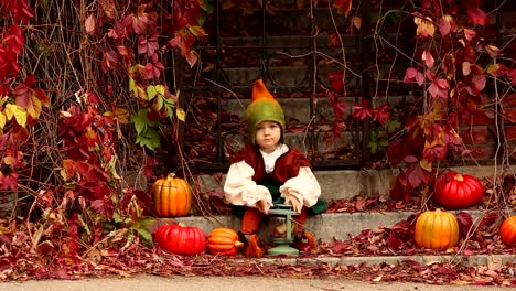 Entzückende-kleine-Mädchen-in-Gnome-Kostüm-Lächeln-beim-Sitzen-auf-der-Treppe-mit-Kürbissen-in-Halloween