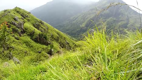 By-the-narrow-paths-on-the-Little-Adam's-Peak-hill--the-popular-destination-in-Ella-town,-Sri-Lanka.-Slow-motion-picturesque-mountains-footage.