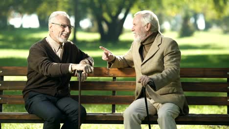 Senior-man-suffering-age-related-Alzheimer-disease,-old-friends-talking-in-park