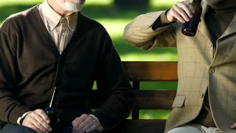 Senior-friends-drinking-light-beer-on-park-bench,-male-leisure,-celebration