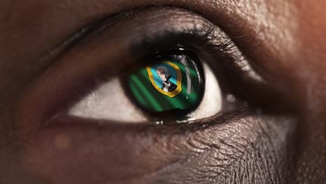 Woman-black-eye-in-close-up-with-the-flag-of-Washington-state-in-iris,-united-states-of-america-with-wind-motion.-video-concept