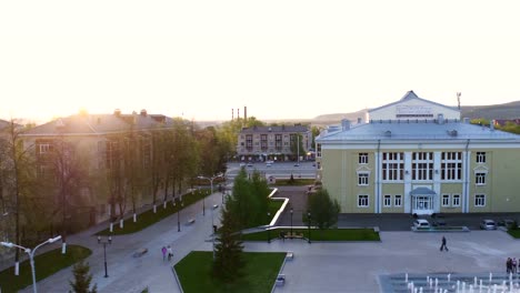 Modern-City-Square-with-Jumping-Fountains-Aerial-View