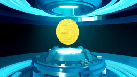 Futuristic-metal-stage-or-podium-with-golden-rotating-bitcoin-in-center.
