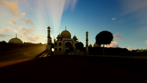 Taj-Mahal,-hermoso-amanecer,-cámara-panorámica