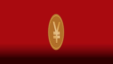 Japanese-currency-yen-smybole-presented-on-gold-goin,-animation-with-zoom,-rotation-and-mirroring,-isolated-object-on-dark-red-background