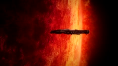 Großen-Raumschiff-in-der-Nähe-von-stürmischen-roten-Planeten