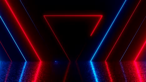 Abstract-triangles-neon-tunnel-with-reflection,-computer-generated-background