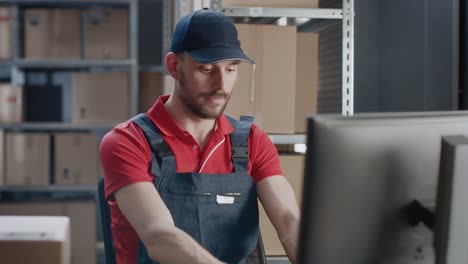 Portrait-of-Uniformed-Worker-Using-Personal-Computer-while-Sitting-at-His-Desk-in-the-Warehouse.-I