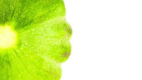 Top-view-from-above-of-half-green-patisson-squash.-Slowly-rotating-on-the-turntable.-Isolated-on-the-white-background.-Close-up.-Macro.