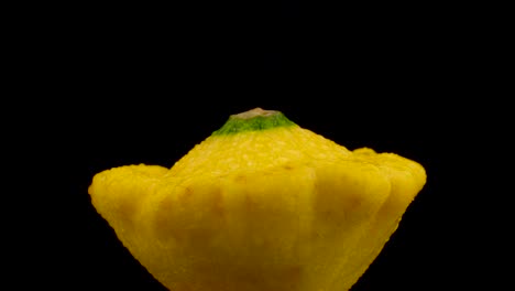 Una-calabaza-de-pattypan-amarilla-con-agua-las-gotas.-Girando-en-el-plato.-Aislado-sobre-fondo-negro.-Close-up.-Macro.