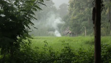 handheld-footage-of-a-small-campfire-extinguished-by-a-tropical-rain-storm-in-Northern-Thailand,-Mae-Hong-Son,-during-rainy-season