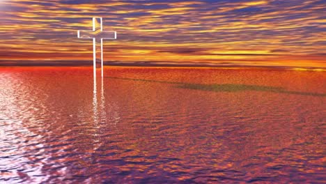 Glass-transparent-cross-in-backlight-on-the-sea-in-a-mystical,-mysterious-view---3D-rendering-video