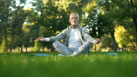 Healthy-senior-man-meditating-in-park,-sitting-lotus-pose-on-yoga-mat,-zen