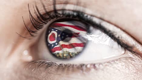 Woman-green-eye-in-close-up-with-the-flag-of-Ohio-state-in-iris,-united-states-of-america-with-wind-motion.-video-concept