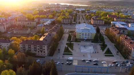 Drone-Flies-over-City-Center-with-Jumping-Fountains