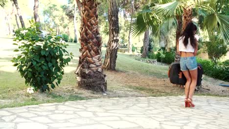 mujer-morena-joven-en-pantalones-cortos,-gafas-de-sol-y-tacones-lleva-maleta-entre-los-árboles-en-verano.-vacaciones