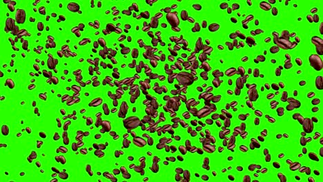 coffee-beans-flying-in-vortex-on-green-screen-chroma-key-background-with-fade-out,-loop-seamless,-nutrition-concept