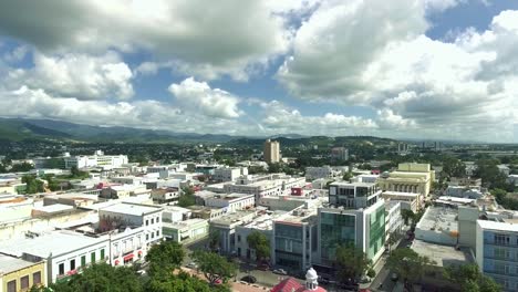 Aerial-view-of-Ponce,-Puerto-Rico-and-then-close-up-of-Church-in-the-town-center