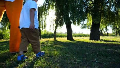 Rear-view-of-young-father-and-little-son-holding-hands-and-walking-through-green-park-at-summer-day.-Happy-family-spending-time-together-at-nature.-Sunlight-at-background.-Slow-motion-Close-up