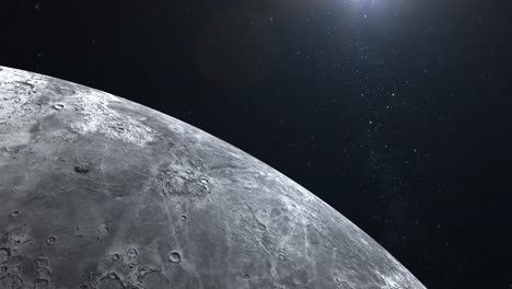 Moon.-Flying-over-the-Moon-surface.-The-horizon-is-turned-to-the-left.-View-from-space.-Stars-twinkle.-4K.-Sun-on-the-right